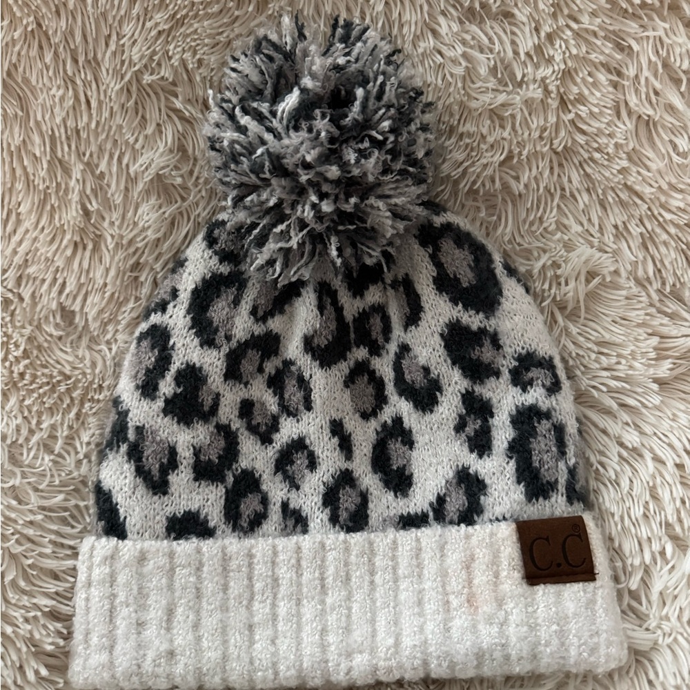 C.C Animal Print Beanie with Pom-Pom - Black and White